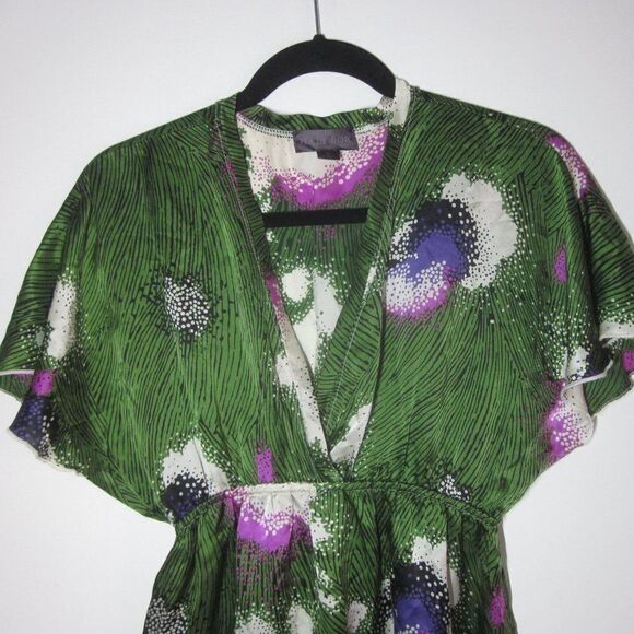 Hale Bob Anthropologie Womens Size S Green Floral Silk Pullover Kimono Dress  - Picture 5 of 13